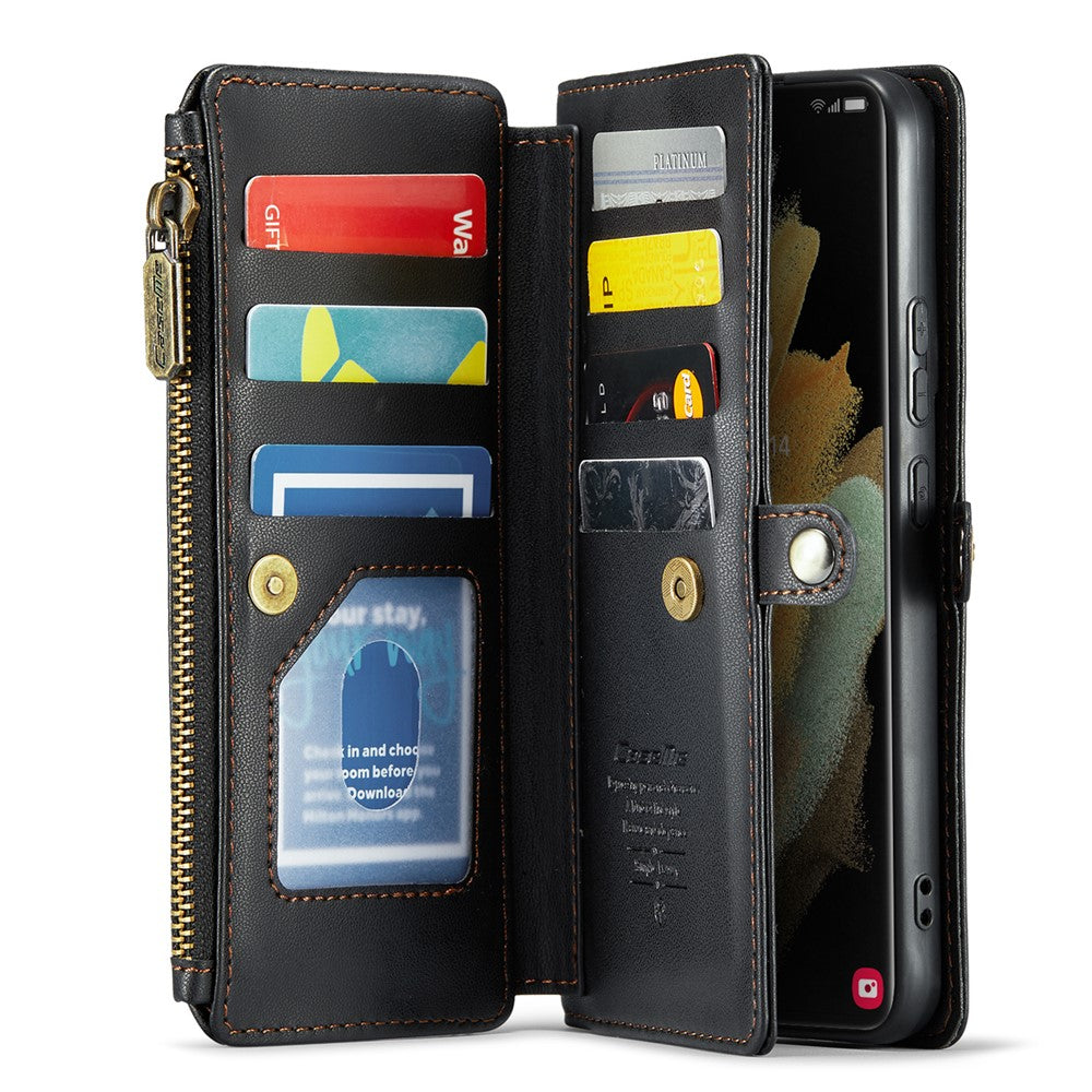 For Samsung Galaxy S21 Ultra 5G Leather Case CASEME C36 Zipper Multiple Card Slots Phone Cover with Straps