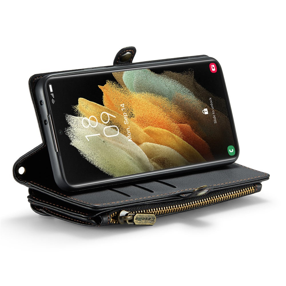 For Samsung Galaxy S21 Ultra 5G Leather Case CASEME C36 Zipper Multiple Card Slots Phone Cover with Straps