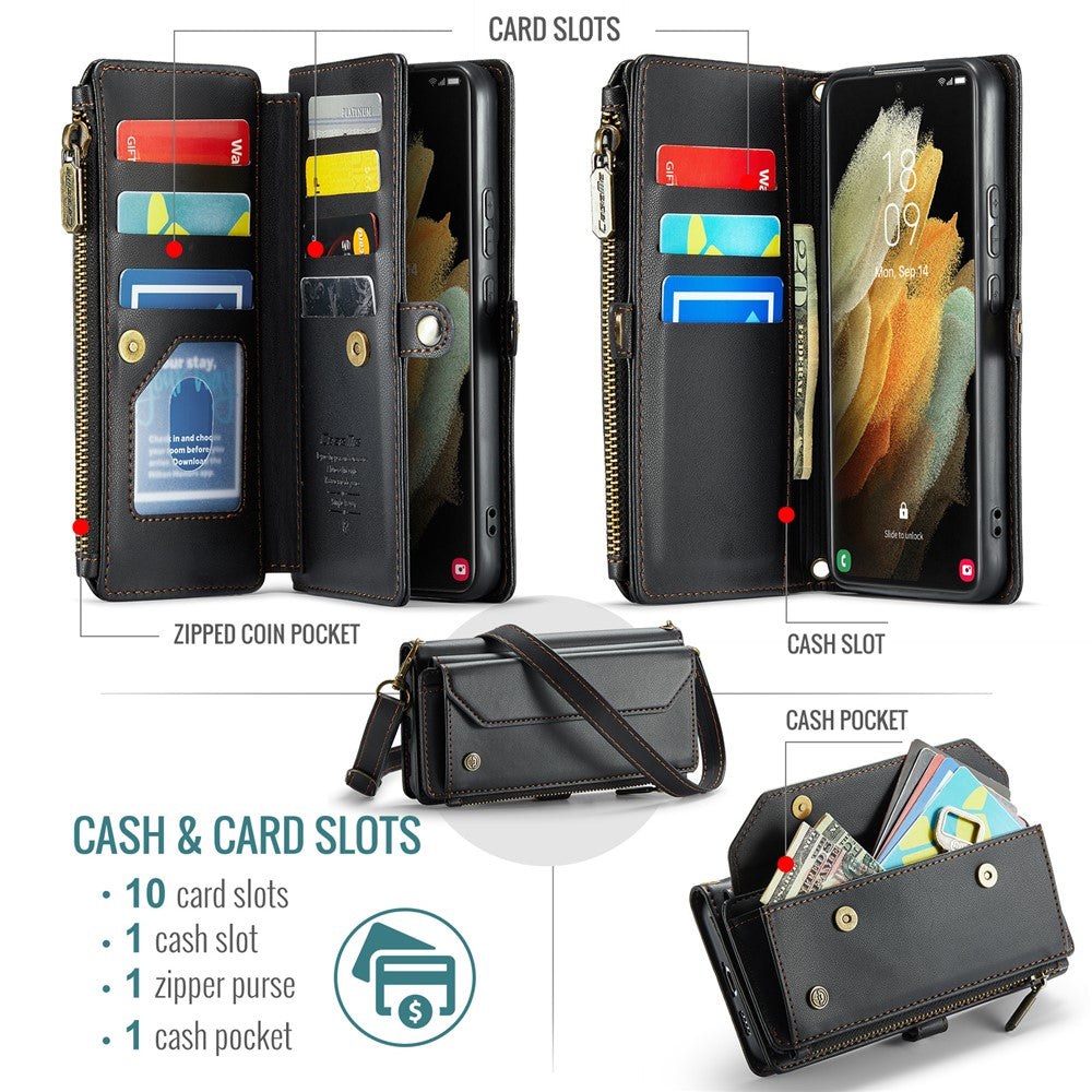 For Samsung Galaxy S21 Ultra 5G Leather Case CASEME C36 Zipper Multiple Card Slots Phone Cover with Straps