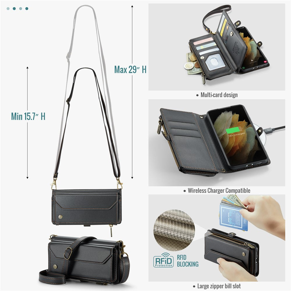 Läderfodral för Samsung Galaxy S21 Ultra 5G CASEME C36 Dragkedja Flera Kortfatt mobilfodral med Remmar