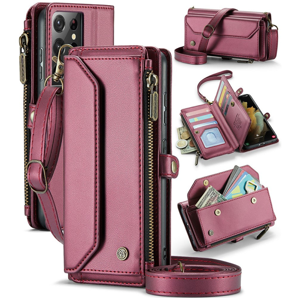 For Samsung Galaxy S21 Ultra 5G Leather Case CASEME C36 Zipper Multiple Card Slots Phone Cover with Straps