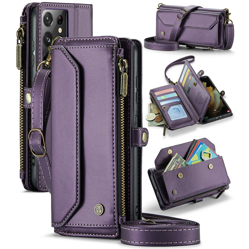 For Samsung Galaxy S21 Ultra 5G Leather Case CASEME C36 Zipper Multiple Card Slots Phone Cover with Straps
