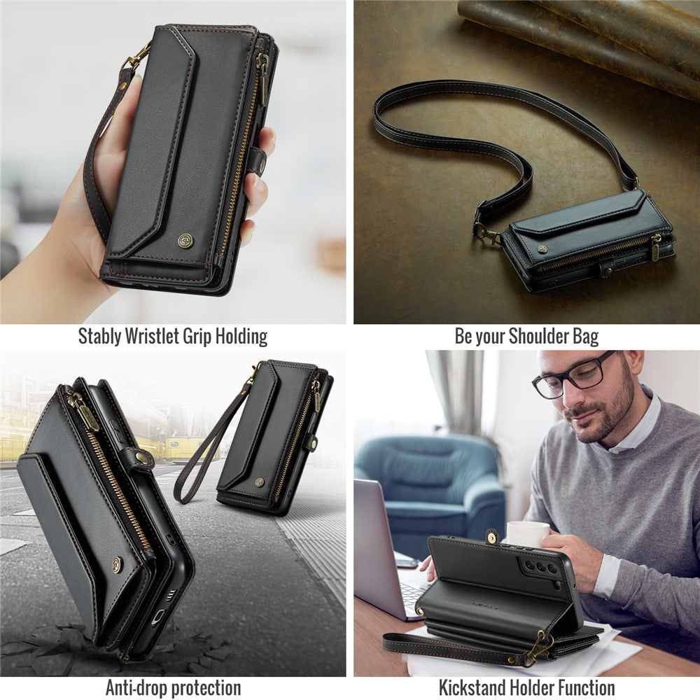 Til Samsung Galaxy S22 5G Lædercover CASEME C36 Lynlås Flere Kortpladser Telefoncover med Stropper