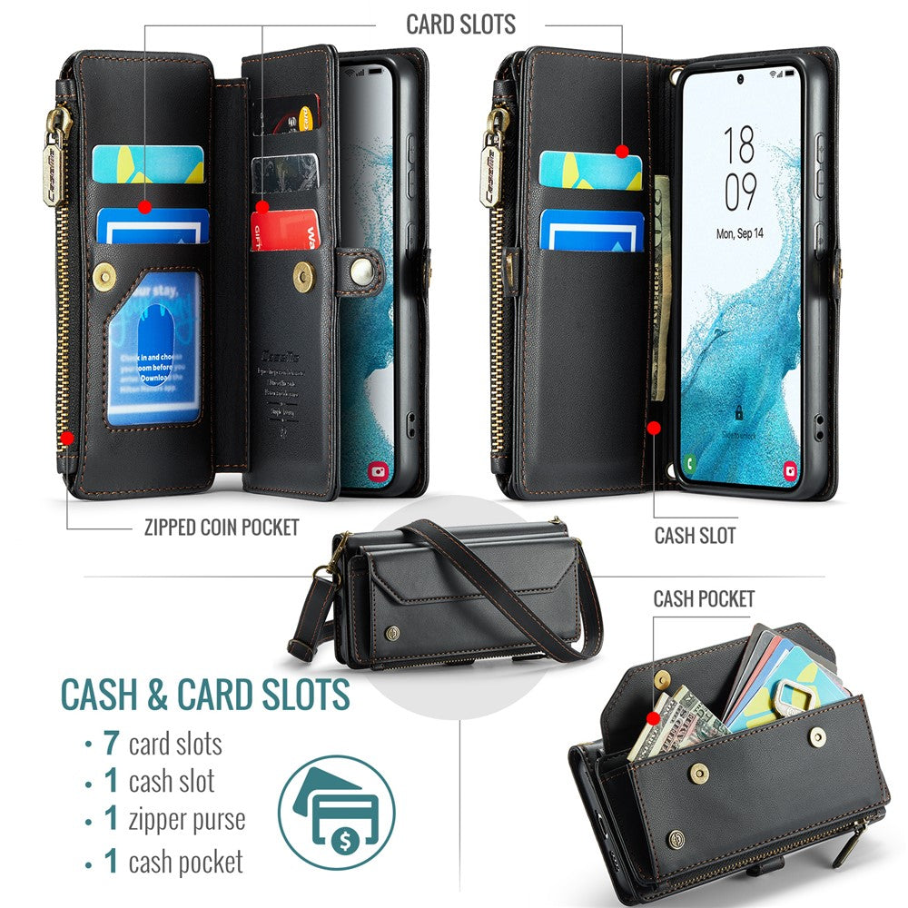 Til Samsung Galaxy S22 5G Lædercover CASEME C36 Lynlås Flere Kortpladser Telefoncover med Stropper
