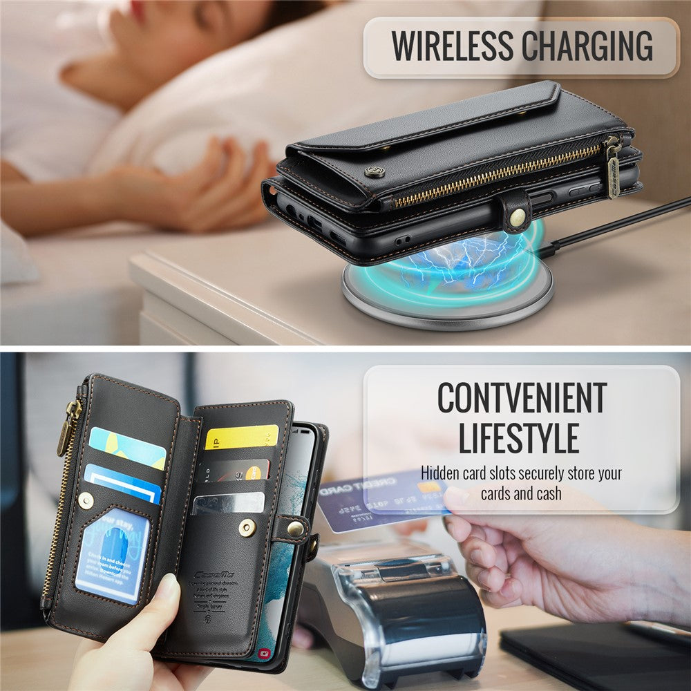 Til Samsung Galaxy S22 5G Lædercover CASEME C36 Lynlås Flere Kortpladser Telefoncover med Stropper