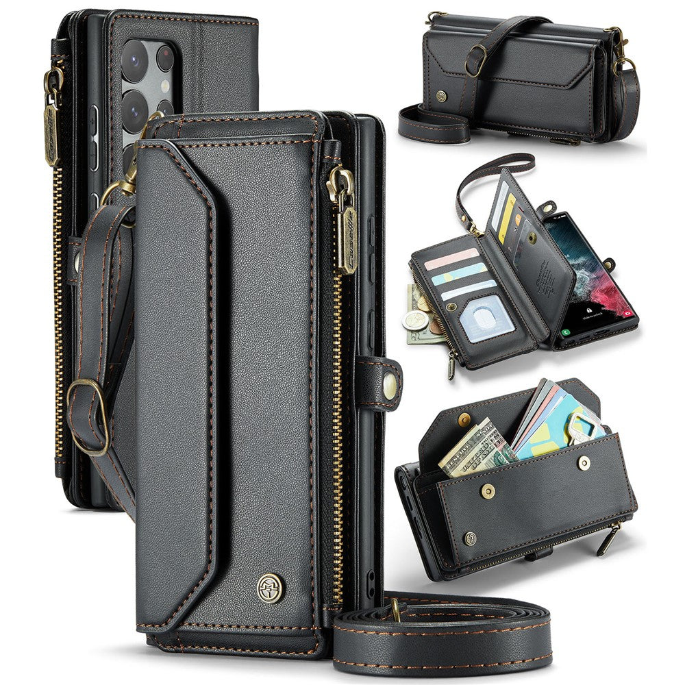 For Samsung Galaxy S22 Ultra 5G Leather Case CASEME C36 Zipper Multiple Card Slots Phone Cover with Straps