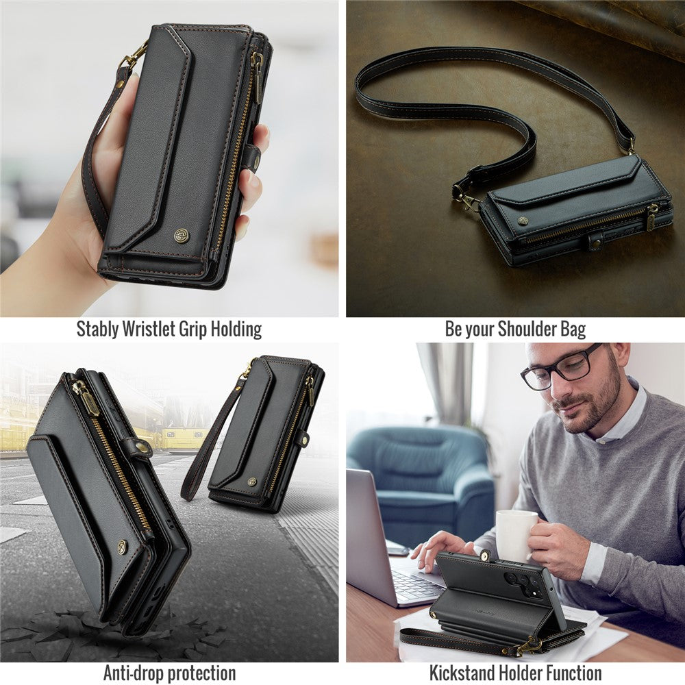 For Samsung Galaxy S22 Ultra 5G Leather Case CASEME C36 Zipper Multiple Card Slots Phone Cover with Straps