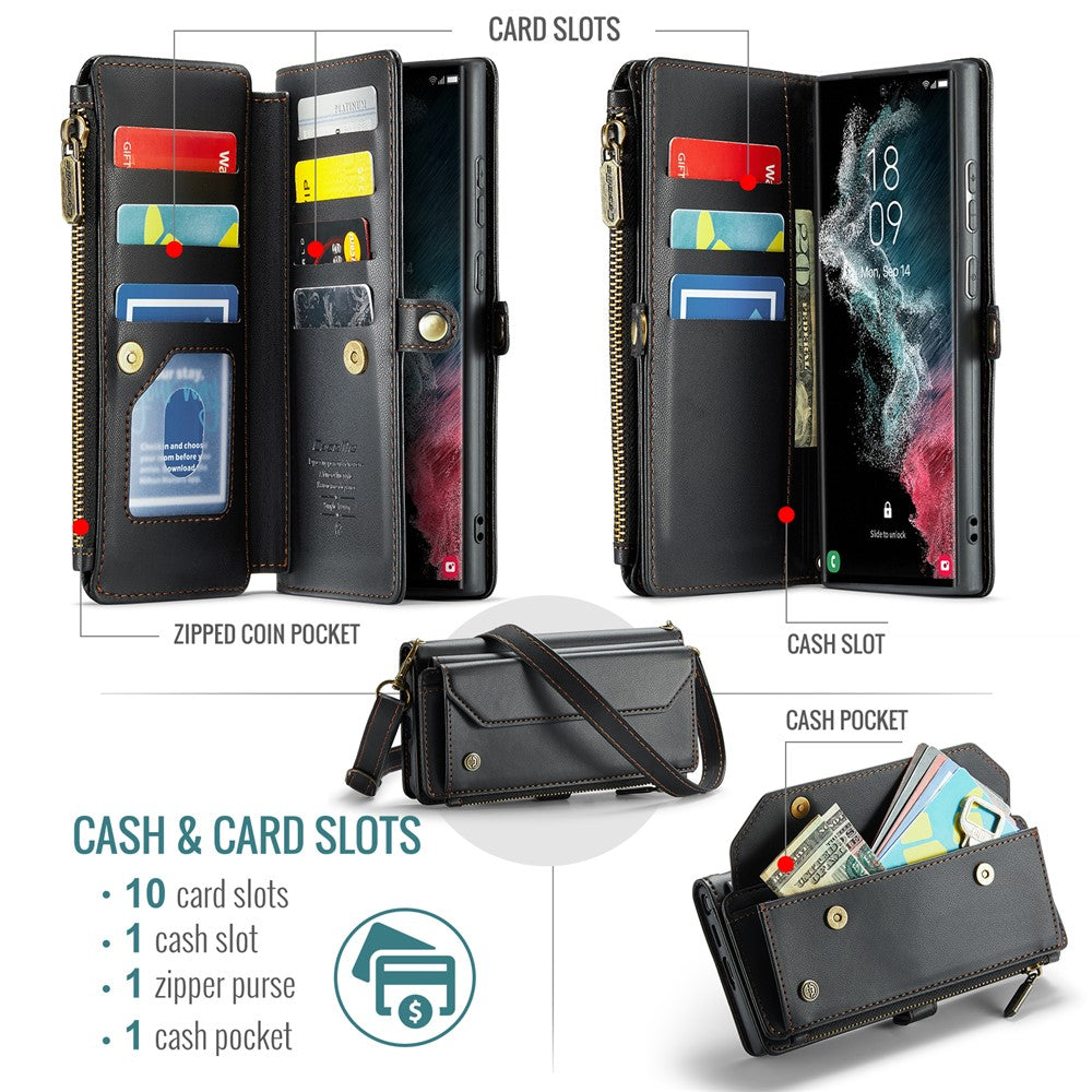 For Samsung Galaxy S22 Ultra 5G Leather Case CASEME C36 Zipper Multiple Card Slots Phone Cover with Straps