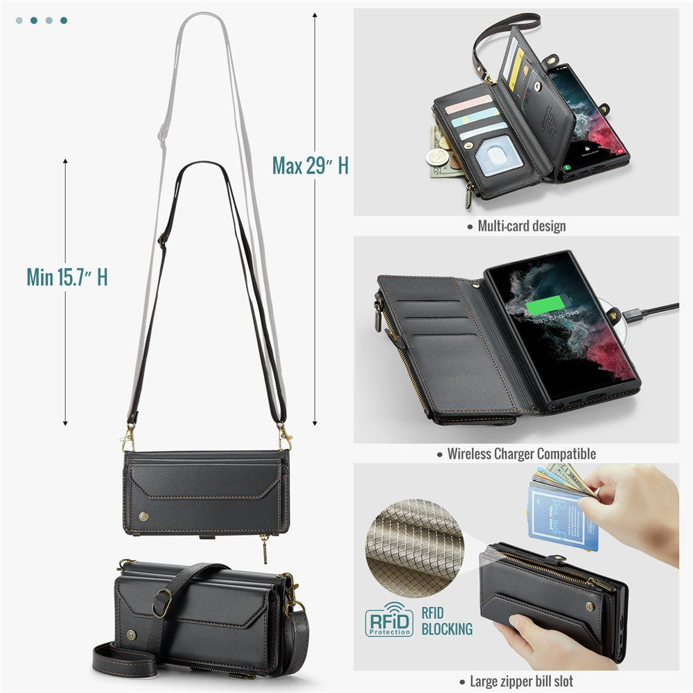 For Samsung Galaxy S22 Ultra 5G Leather Case CASEME C36 Zipper Multiple Card Slots Phone Cover with Straps