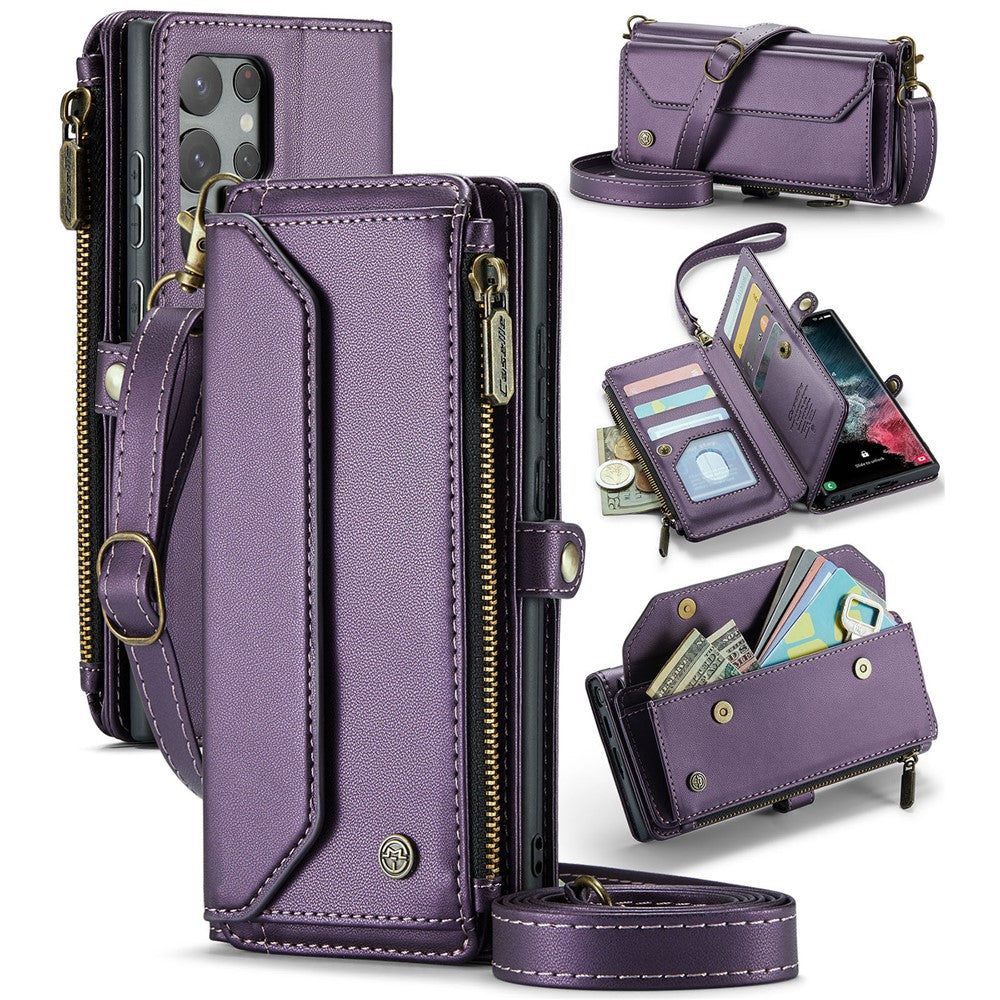 For Samsung Galaxy S22 Ultra 5G Leather Case CASEME C36 Zipper Multiple Card Slots Phone Cover with Straps