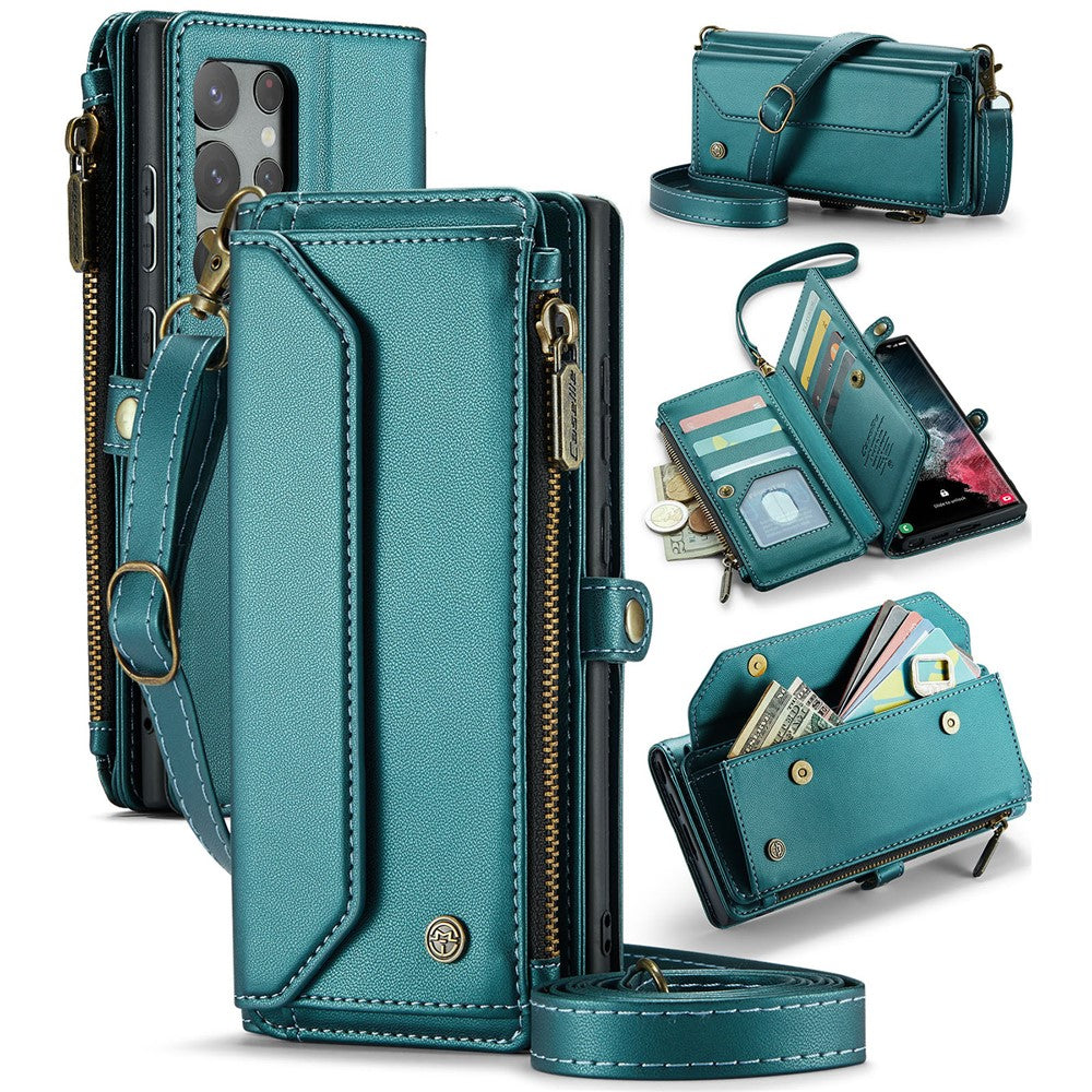 For Samsung Galaxy S22 Ultra 5G Leather Case CASEME C36 Zipper Multiple Card Slots Phone Cover with Straps