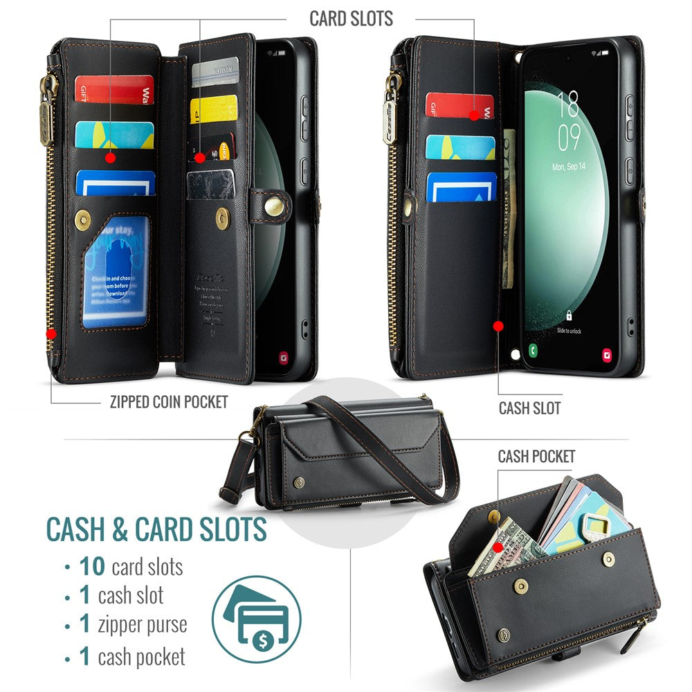 Til Samsung Galaxy S23 FE læderetui CASEME C36 lynlås med flere kortpladser telefoncover med remme