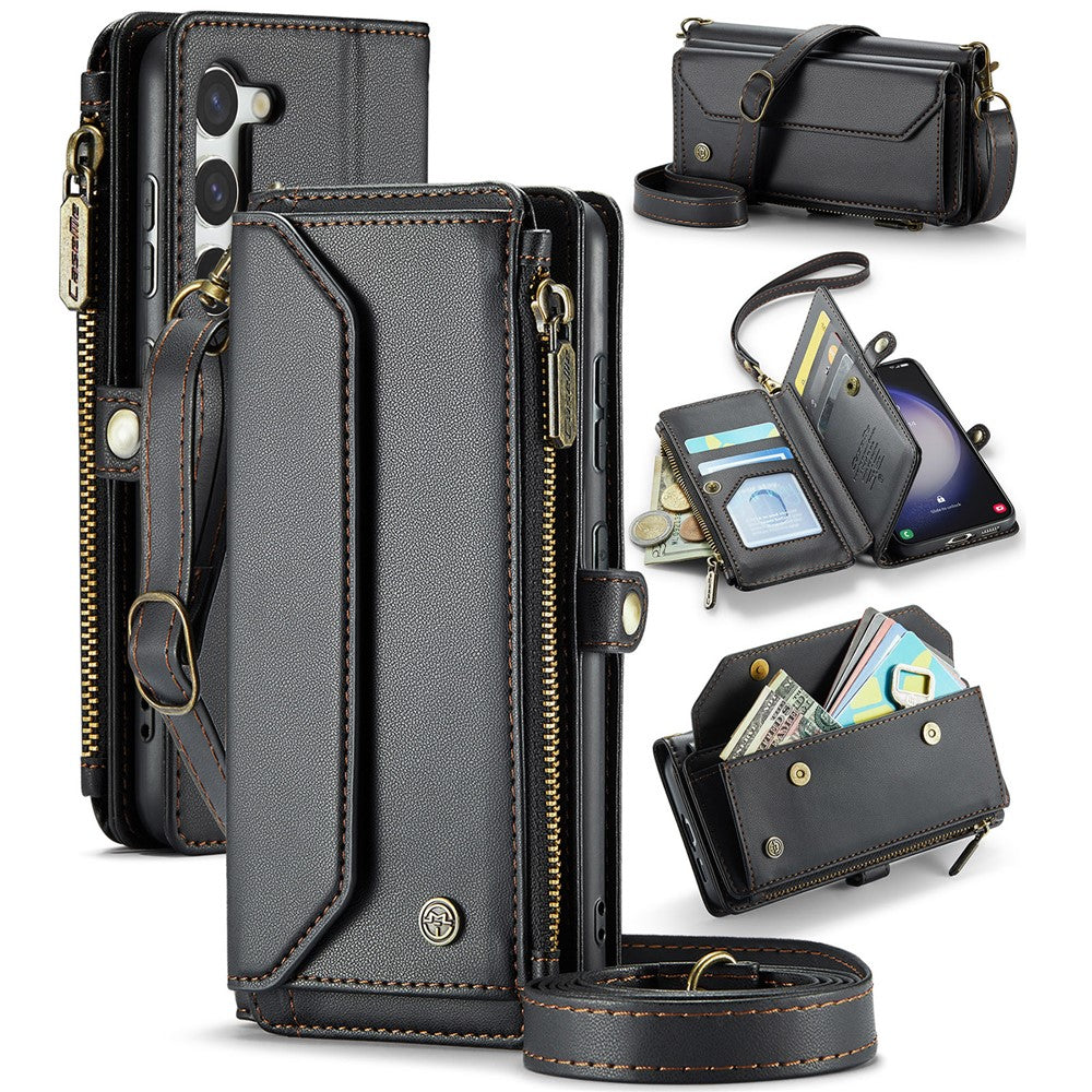 For Samsung Galaxy S23+ Leather Case CASEME C36 Zipper Multiple Card Slots Phone Cover with Straps