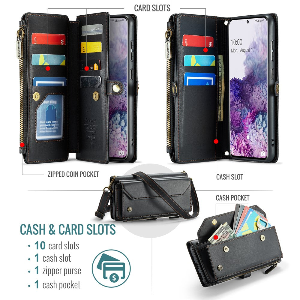 For Samsung Galaxy S20 Plus 5G / 4G Leather Case CASEME C36 Zipper Multiple Card Slots Phone Cover with Straps