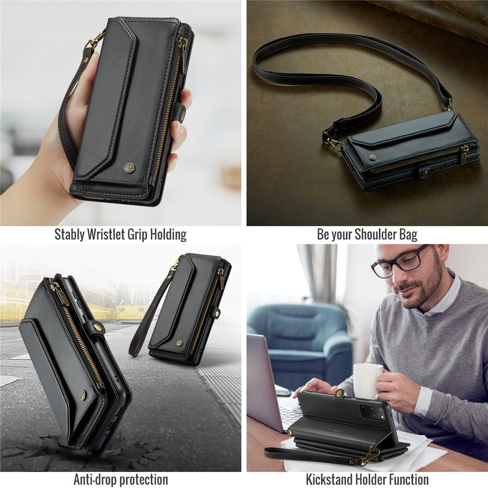 For Samsung Galaxy S20 Plus 5G / 4G Leather Case CASEME C36 Zipper Multiple Card Slots Phone Cover with Straps