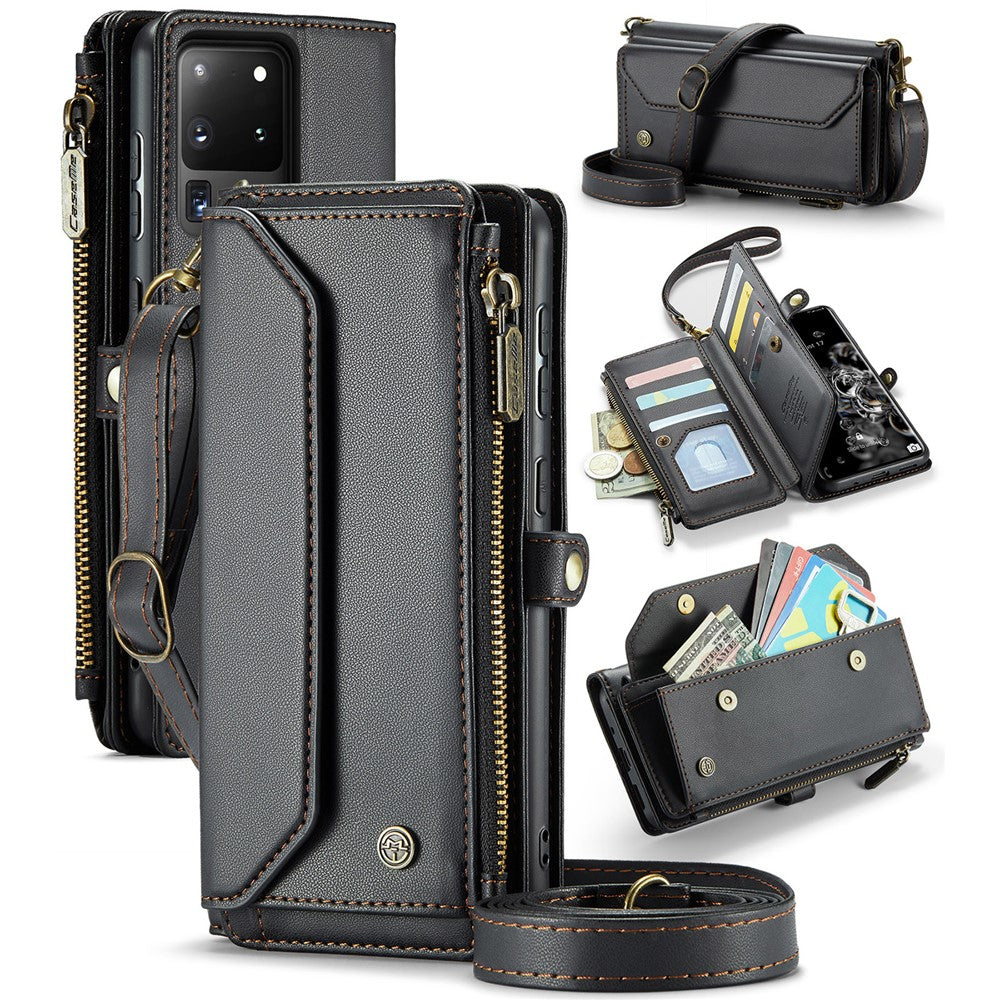 For Samsung Galaxy S20 Ultra Leather Case CASEME C36 Zipper Multiple Card Slots Phone Cover with Straps