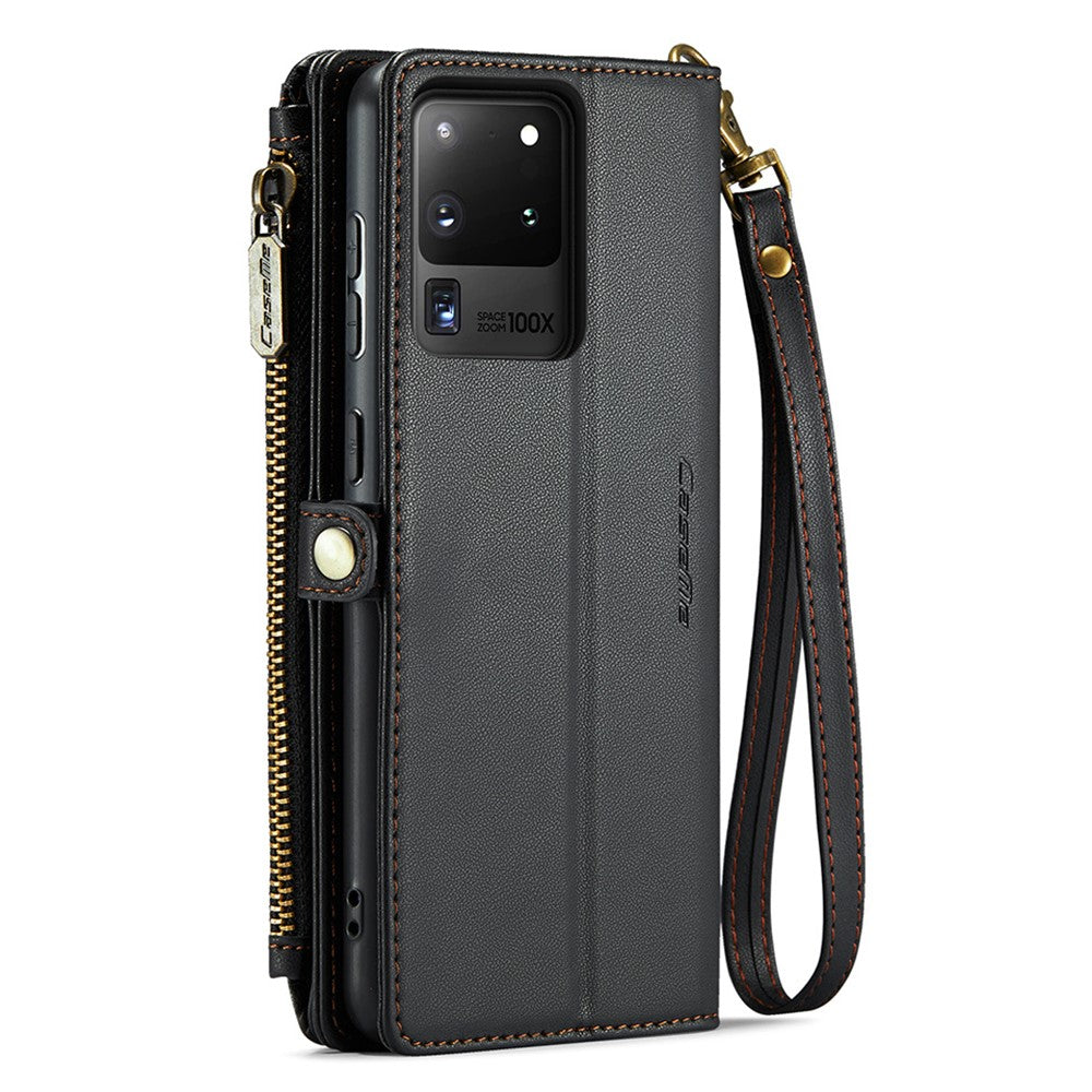 For Samsung Galaxy S20 Ultra Leather Case CASEME C36 Zipper Multiple Card Slots Phone Cover with Straps