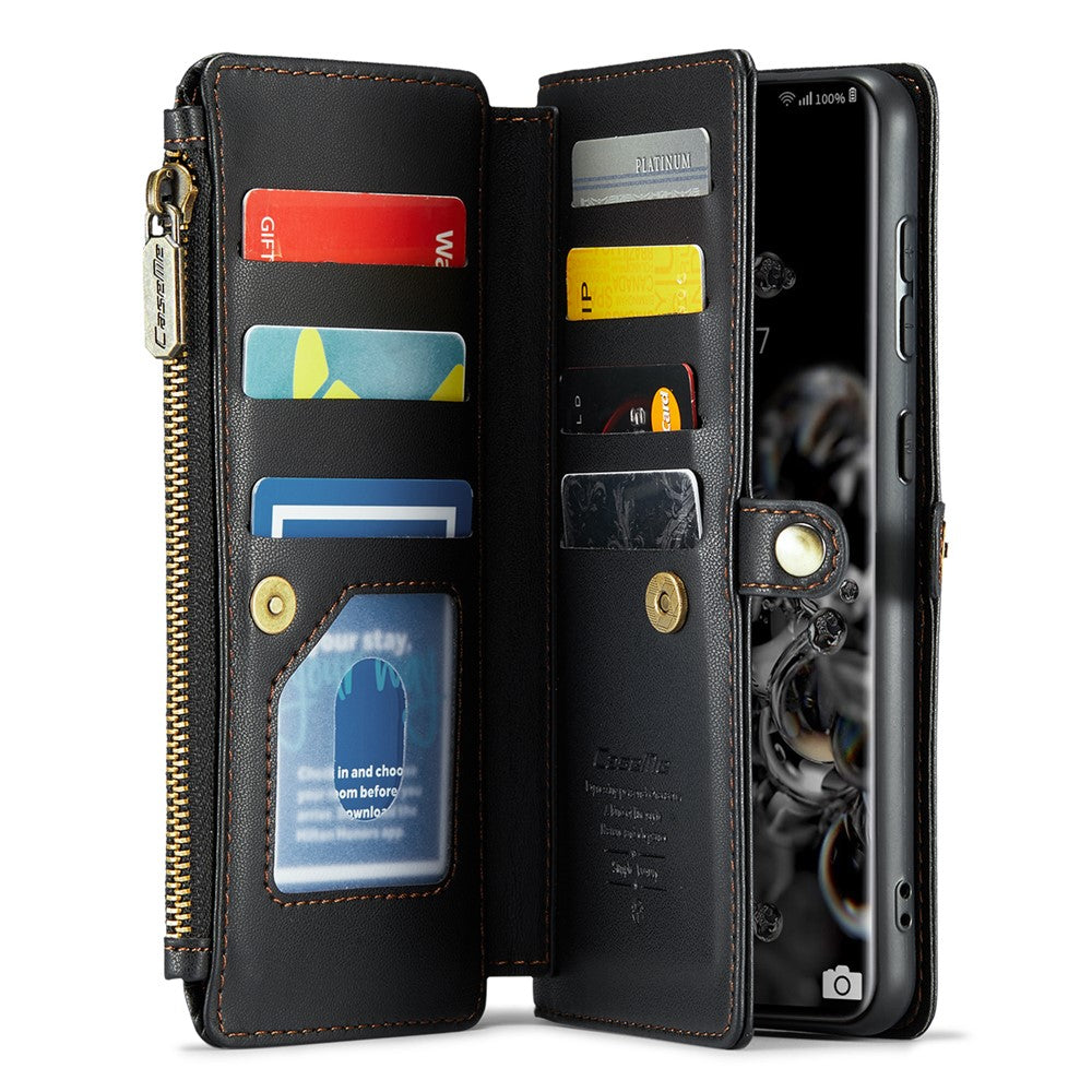 For Samsung Galaxy S20 Ultra Leather Case CASEME C36 Zipper Multiple Card Slots Phone Cover with Straps