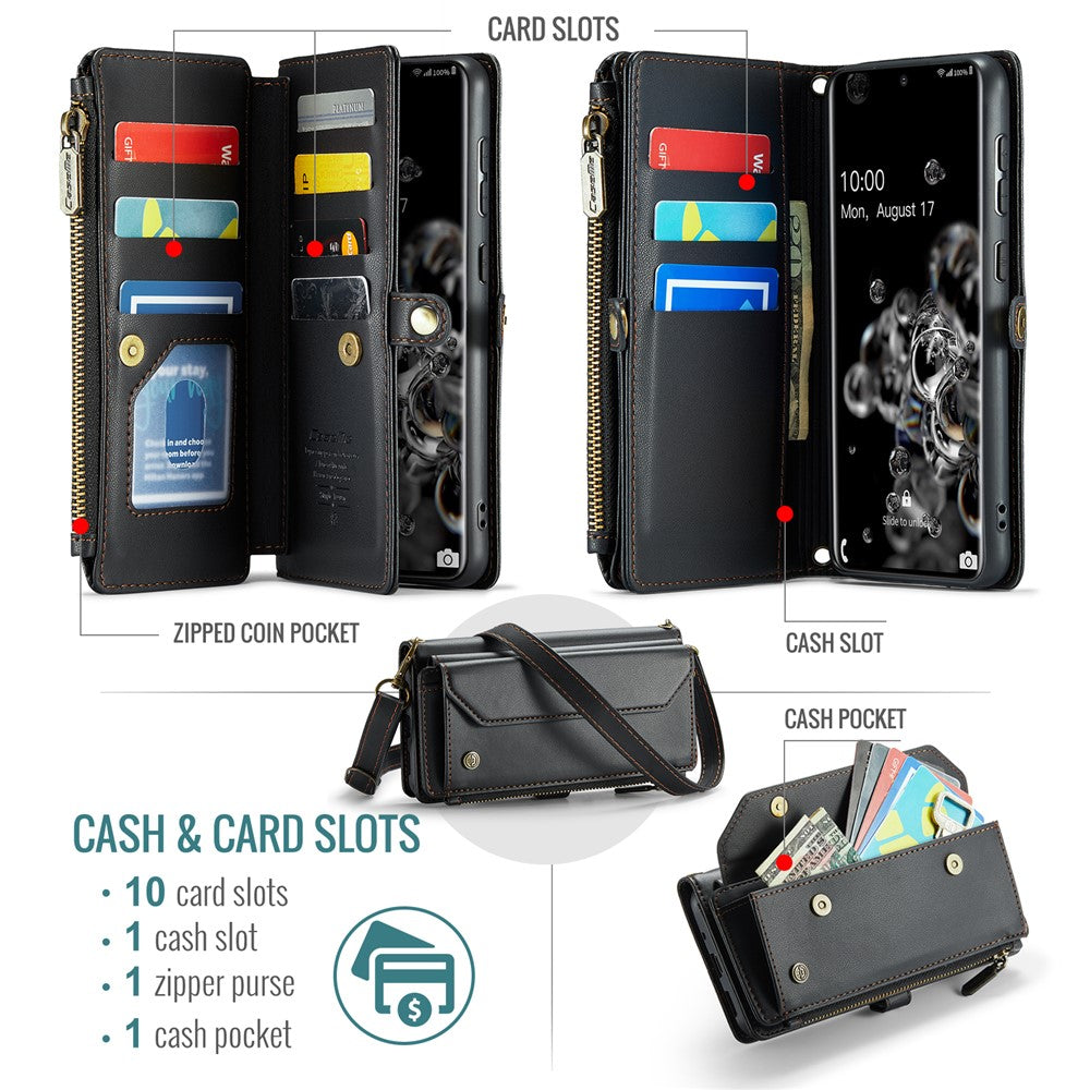 For Samsung Galaxy S20 Ultra Leather Case CASEME C36 Zipper Multiple Card Slots Phone Cover with Straps