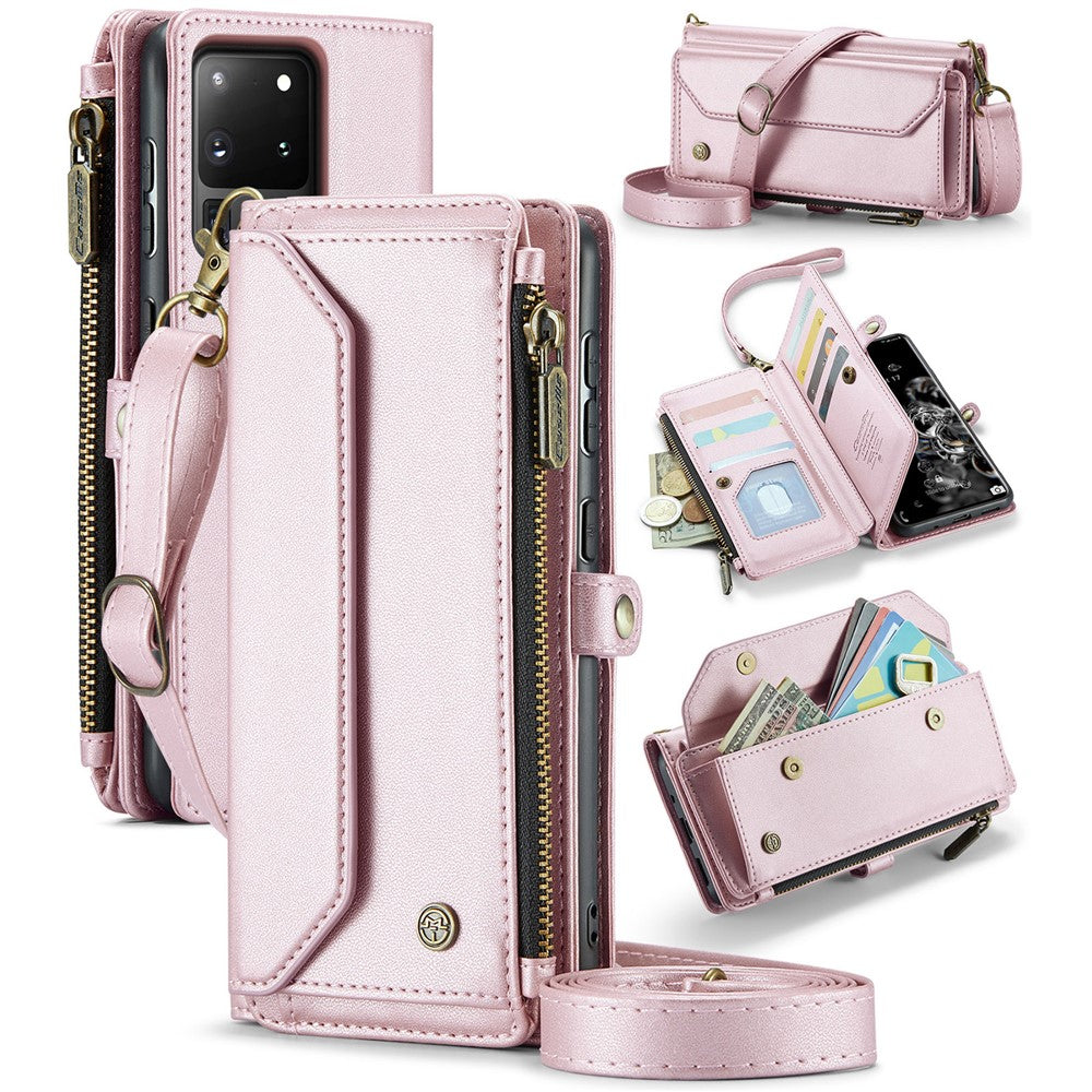 For Samsung Galaxy S20 Ultra Leather Case CASEME C36 Zipper Multiple Card Slots Phone Cover with Straps