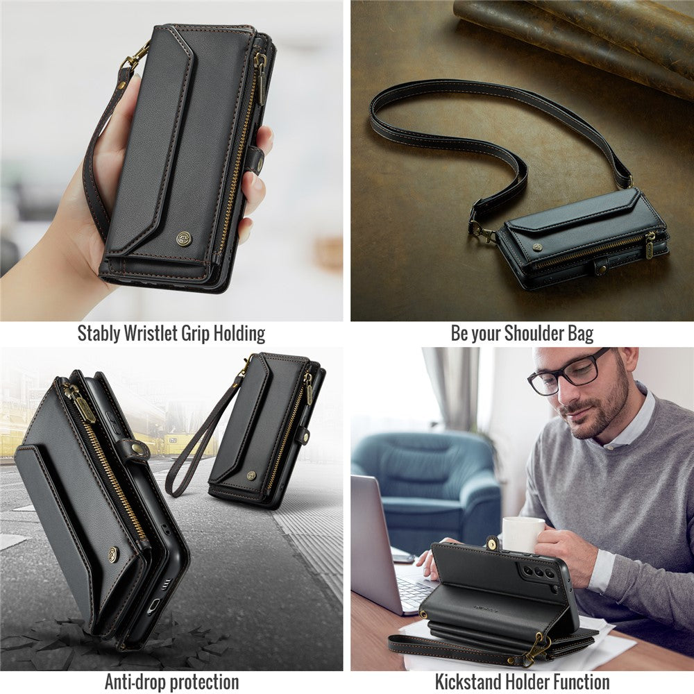 Til Samsung Galaxy S21 5G / 4G Læderetui CASEME C36 Lynlås Flere Kortpladser Telefoncover med Stropper