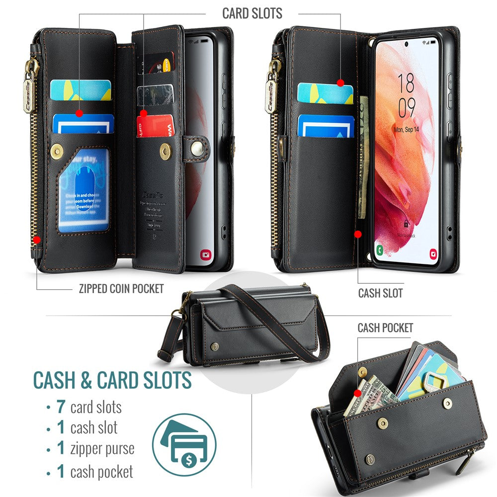 Til Samsung Galaxy S21 5G / 4G Læderetui CASEME C36 Lynlås Flere Kortpladser Telefoncover med Stropper