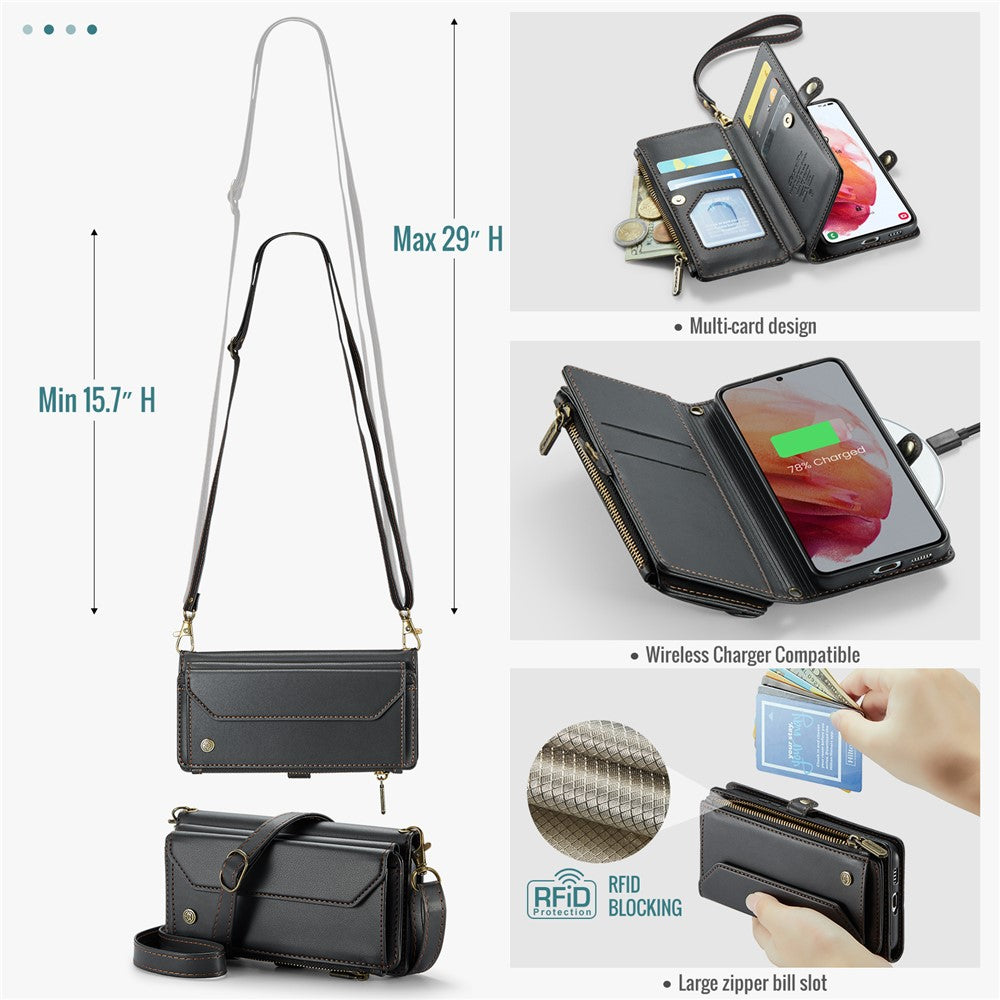 Til Samsung Galaxy S21 5G / 4G Læderetui CASEME C36 Lynlås Flere Kortpladser Telefoncover med Stropper