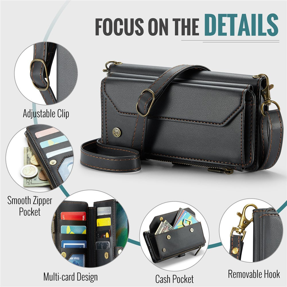 For Samsung Galaxy S21 FE 5G Leather Case CASEME C36 Zipper Multiple Card Slots Phone Cover with Straps