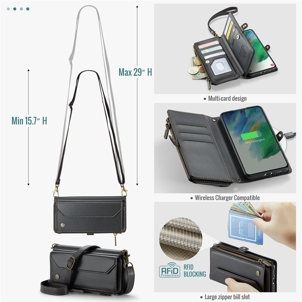 For Samsung Galaxy S21 FE 5G Leather Case CASEME C36 Zipper Multiple Card Slots Phone Cover with Straps