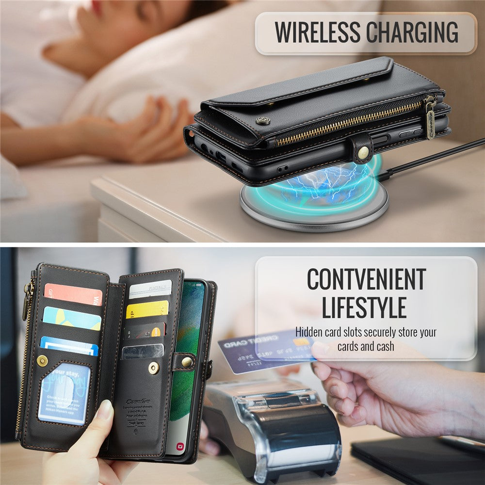 For Samsung Galaxy S21 FE 5G Leather Case CASEME C36 Zipper Multiple Card Slots Phone Cover with Straps