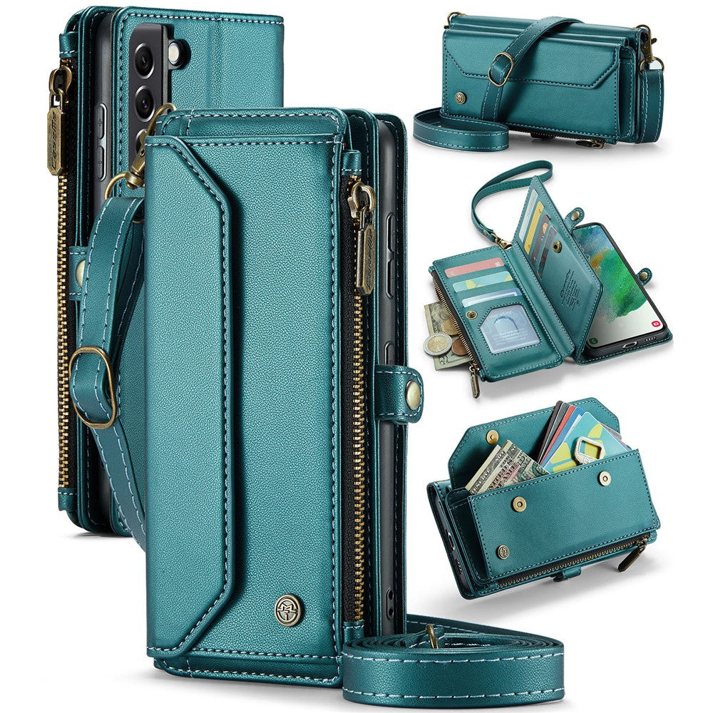 For Samsung Galaxy S21 FE 5G Leather Case CASEME C36 Zipper Multiple Card Slots Phone Cover with Straps