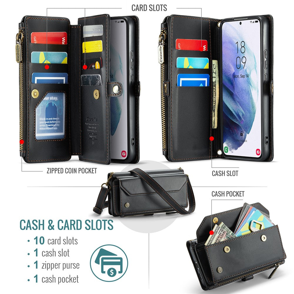 Läderfodral för Samsung Galaxy S21+ 5G, CASEME C36, dragkedja, flera kortplatser, mobilfodral med remmar