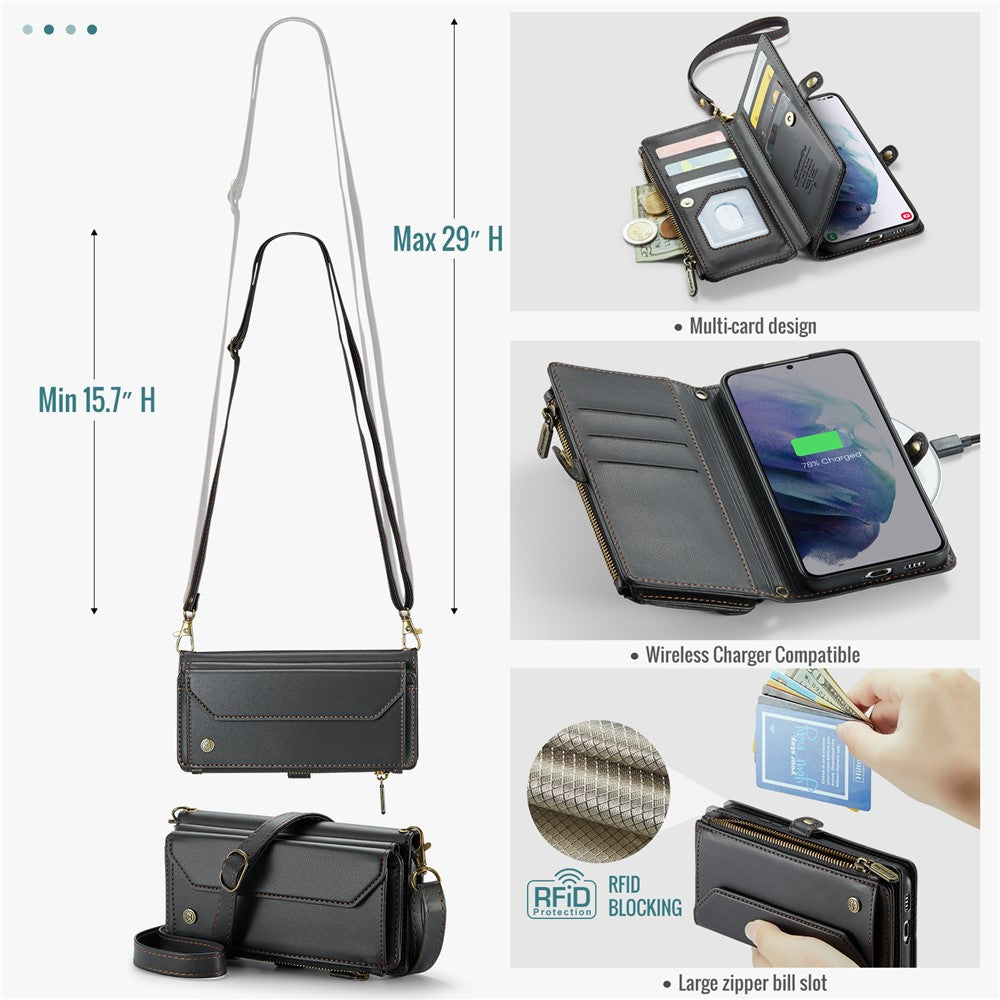 For Samsung Galaxy S21+ 5G Leather Case CASEME C36 Zipper Multiple Card Slots Phone Cover with Straps
