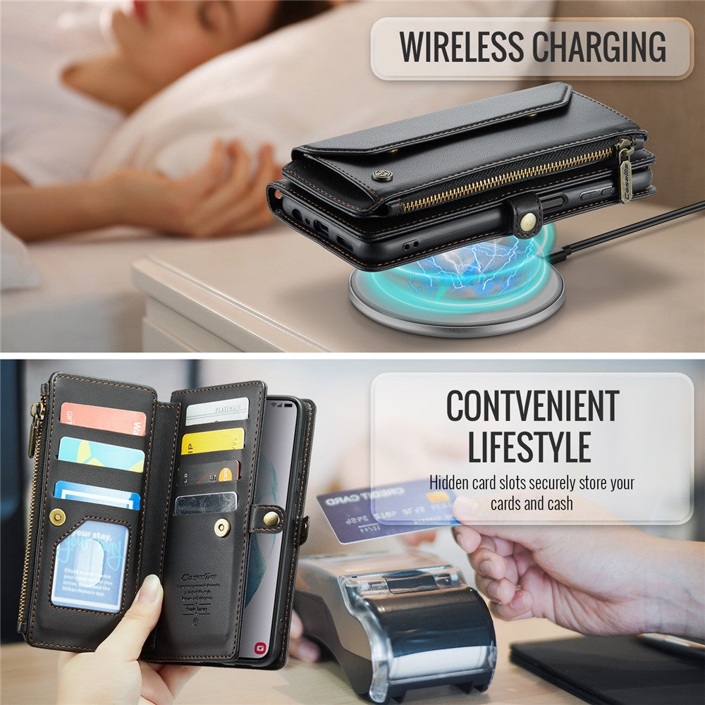 For Samsung Galaxy S21+ 5G Leather Case CASEME C36 Zipper Multiple Card Slots Phone Cover with Straps