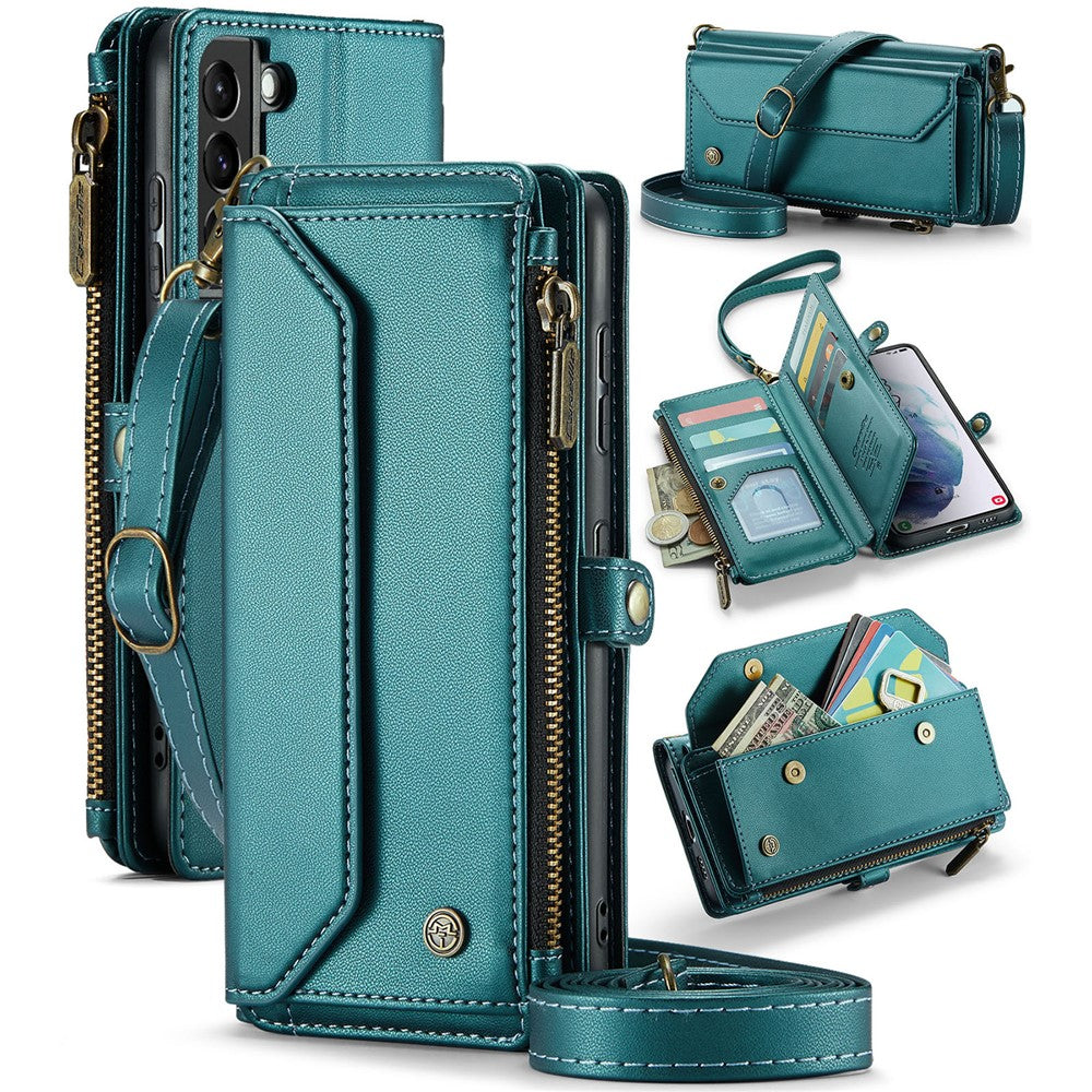 For Samsung Galaxy S21+ 5G Leather Case CASEME C36 Zipper Multiple Card Slots Phone Cover with Straps