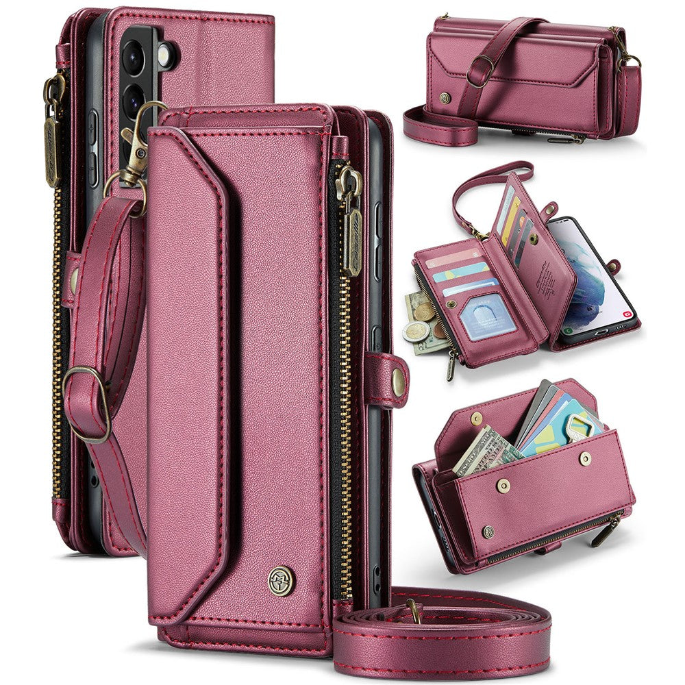 For Samsung Galaxy S21+ 5G Leather Case CASEME C36 Zipper Multiple Card Slots Phone Cover with Straps