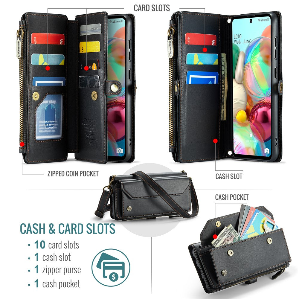 For Samsung Galaxy A71 4G SM-A715 Leather Case CASEME C36 Zipper Multiple Card Slots Phone Cover with Straps