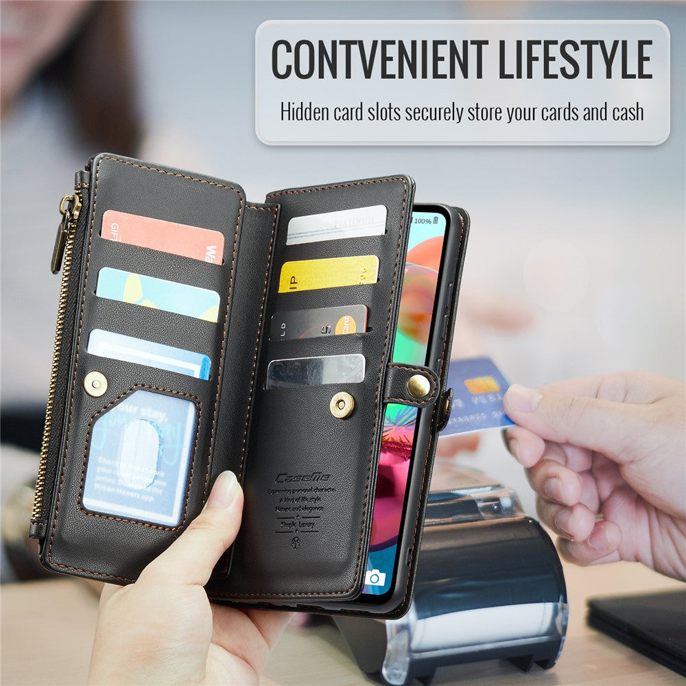 For Samsung Galaxy A71 4G SM-A715 Leather Case CASEME C36 Zipper Multiple Card Slots Phone Cover with Straps