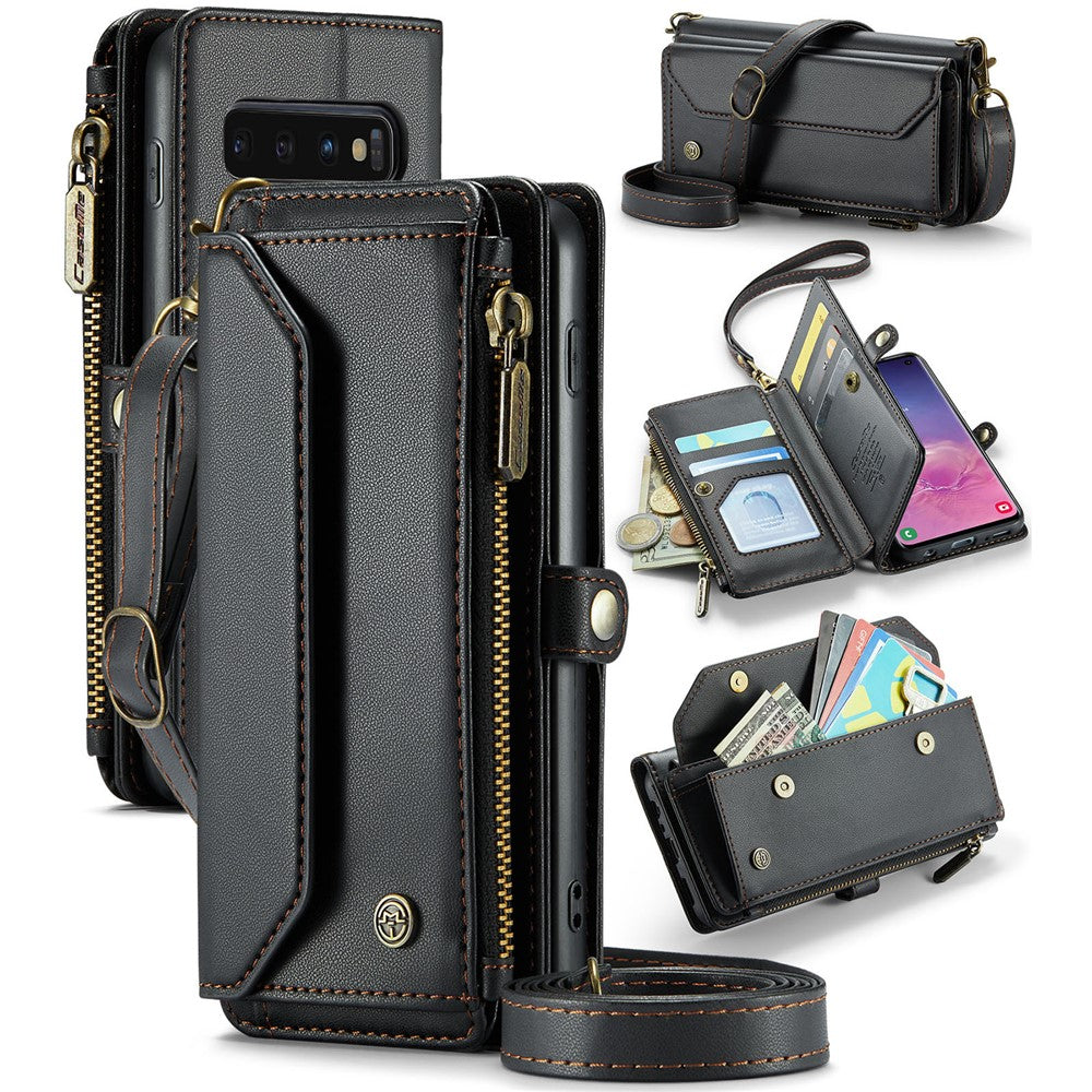 For Samsung Galaxy S10 5G Leather Case CASEME C36 Zipper Multiple Card Slots Phone Cover with Straps