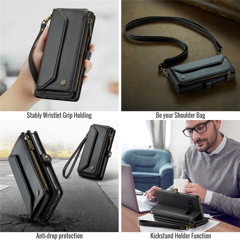 For Samsung Galaxy S10 5G Leather Case CASEME C36 Zipper Multiple Card Slots Phone Cover with Straps