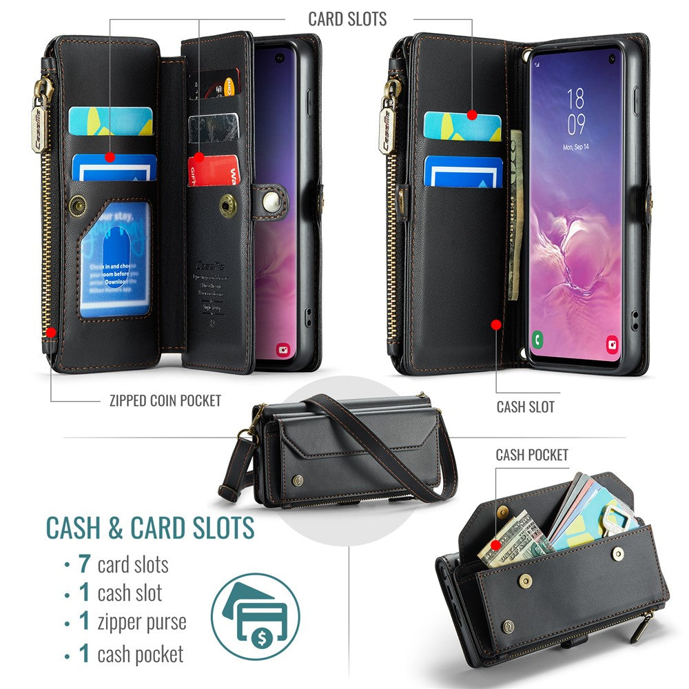 For Samsung Galaxy S10 5G Leather Case CASEME C36 Zipper Multiple Card Slots Phone Cover with Straps