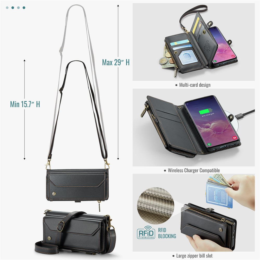 For Samsung Galaxy S10 5G Leather Case CASEME C36 Zipper Multiple Card Slots Phone Cover with Straps