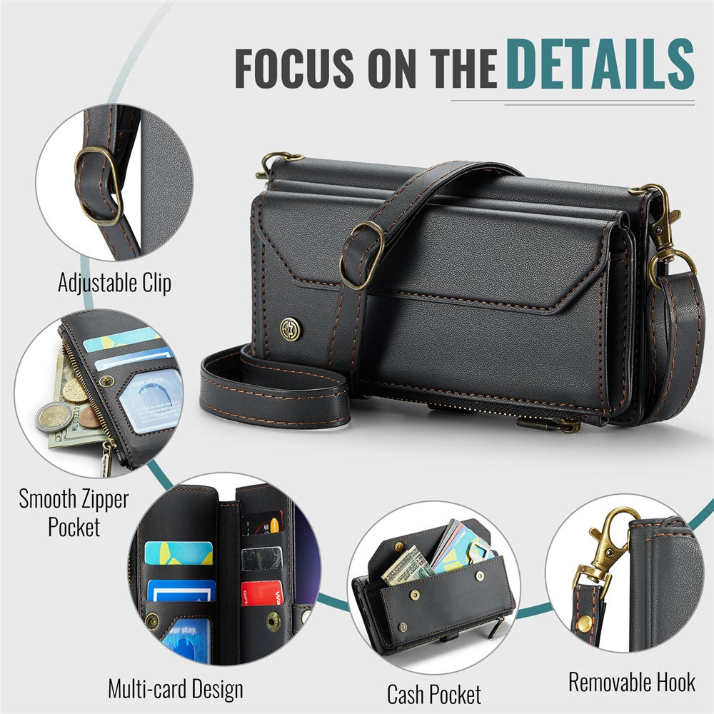 For Samsung Galaxy S10 5G Leather Case CASEME C36 Zipper Multiple Card Slots Phone Cover with Straps