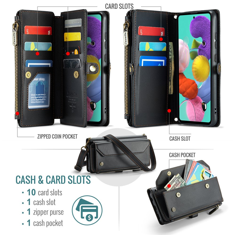 For Samsung Galaxy A51 4G SM-A515 Leather Case CASEME C36 Zipper Multiple Card Slots Phone Cover with Straps