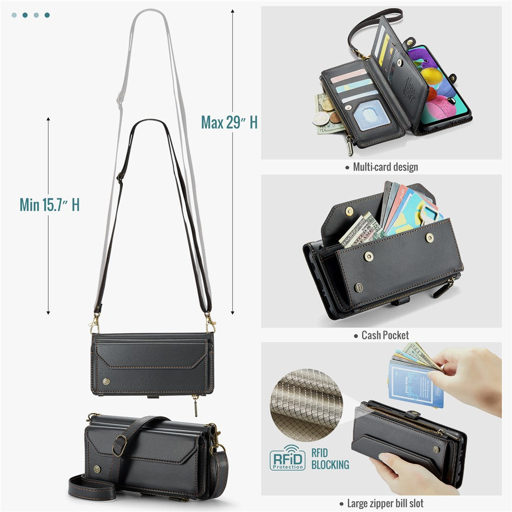 For Samsung Galaxy A51 4G SM-A515 Leather Case CASEME C36 Zipper Multiple Card Slots Phone Cover with Straps