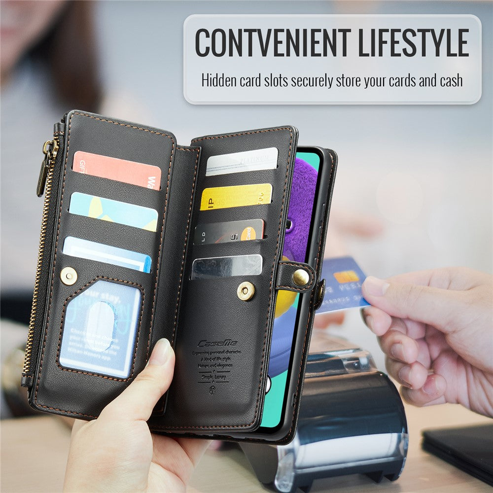 For Samsung Galaxy A51 4G SM-A515 Leather Case CASEME C36 Zipper Multiple Card Slots Phone Cover with Straps