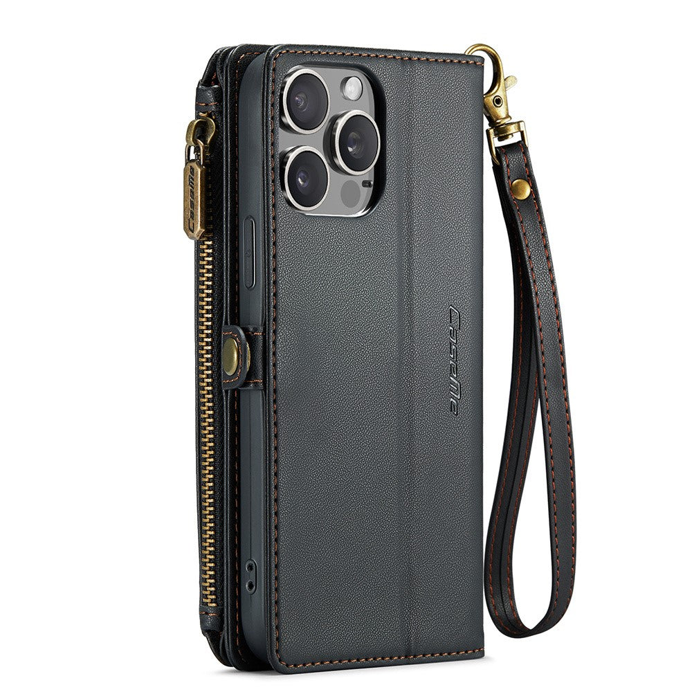 For iPhone 15 Pro Max Leather Case CASEME C36 Zipper Multiple Card Slots Phone Cover with Straps