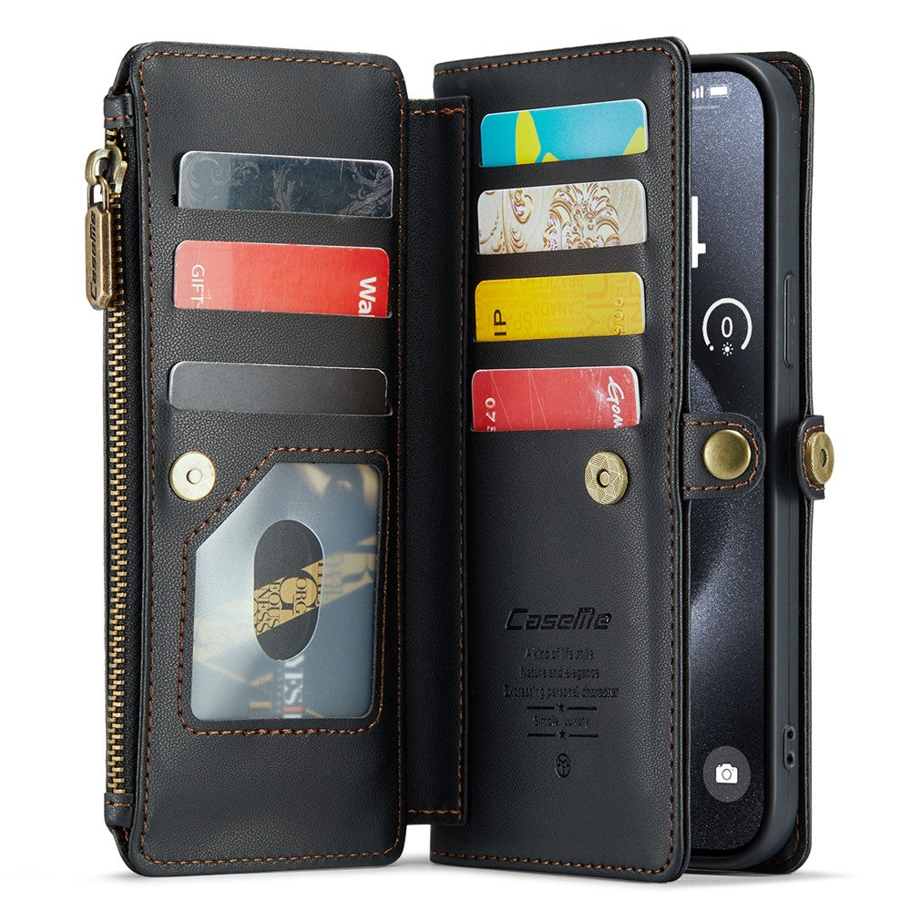 For iPhone 15 Pro Max Leather Case CASEME C36 Zipper Multiple Card Slots Phone Cover with Straps