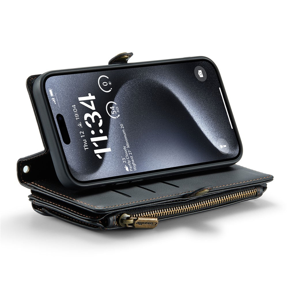 For iPhone 15 Pro Max Leather Case CASEME C36 Zipper Multiple Card Slots Phone Cover with Straps