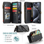 For iPhone 15 Pro Max Leather Case CASEME C36 Zipper Multiple Card Slots Phone Cover with Straps
